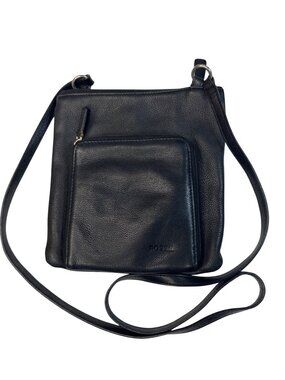 Fossil Black Pebbled Leather Crossbody Bag With Front Pocket & Adjustable Strap